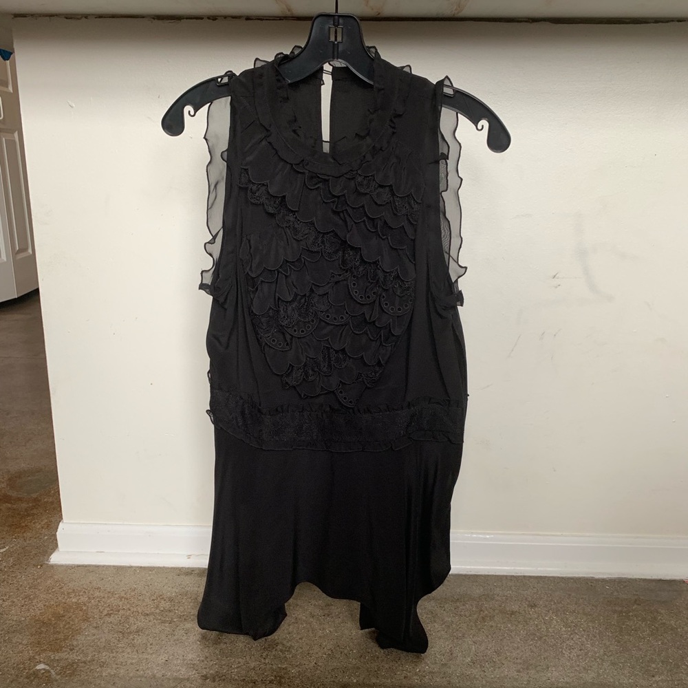 BCBGMaxAzria Black Silk and Lace Embroidered Top